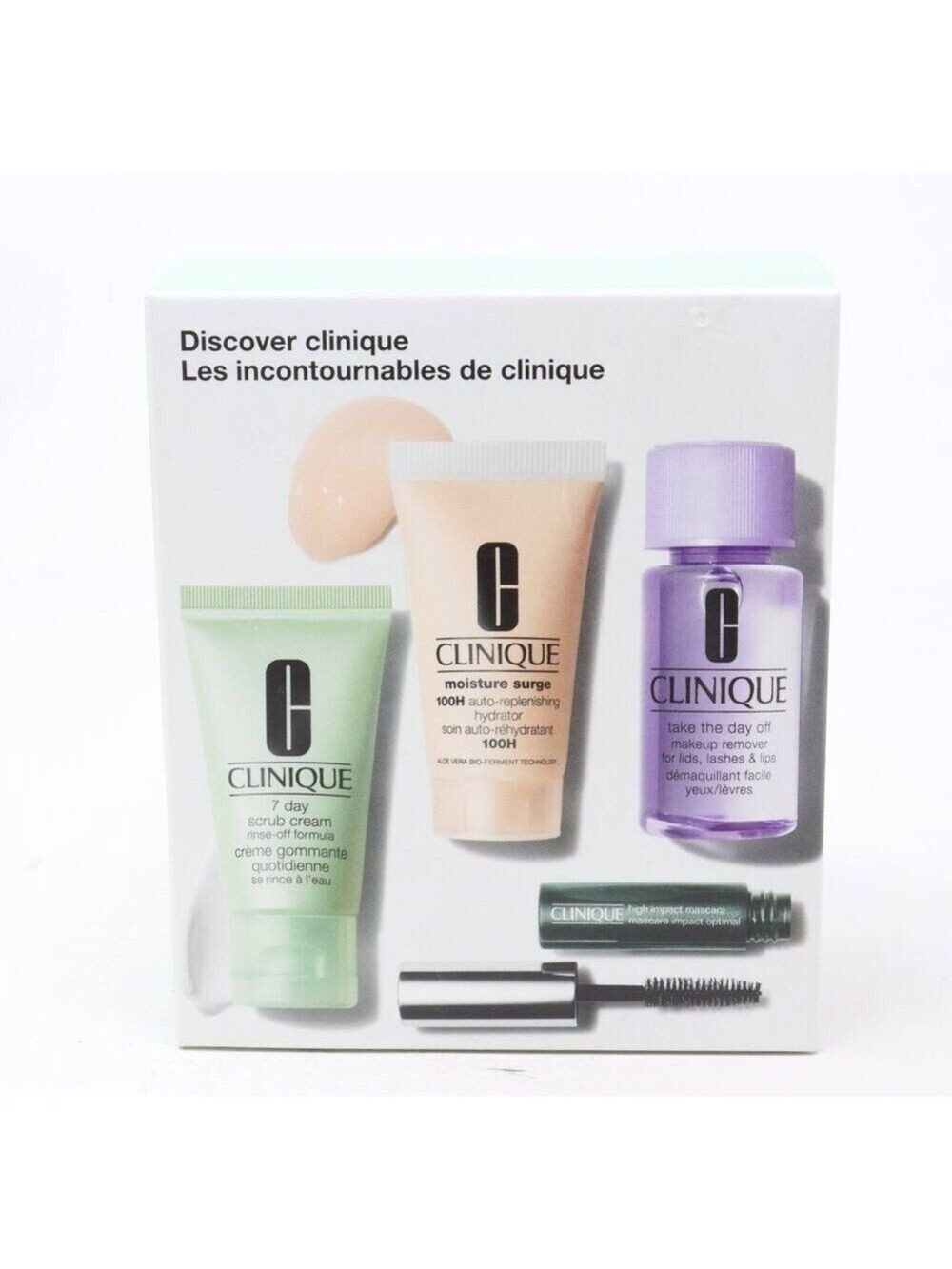CLINIQUE SKINCARE MAKEUP SET 4 PIECE SCRUB MOISTURE SURGE MASCARA